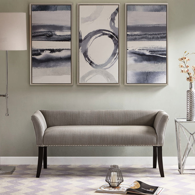Banc rembourré gris moderne, pieds en bois massif, décor chic en contreplaqué et contreplaqué, dossier bas, Gris