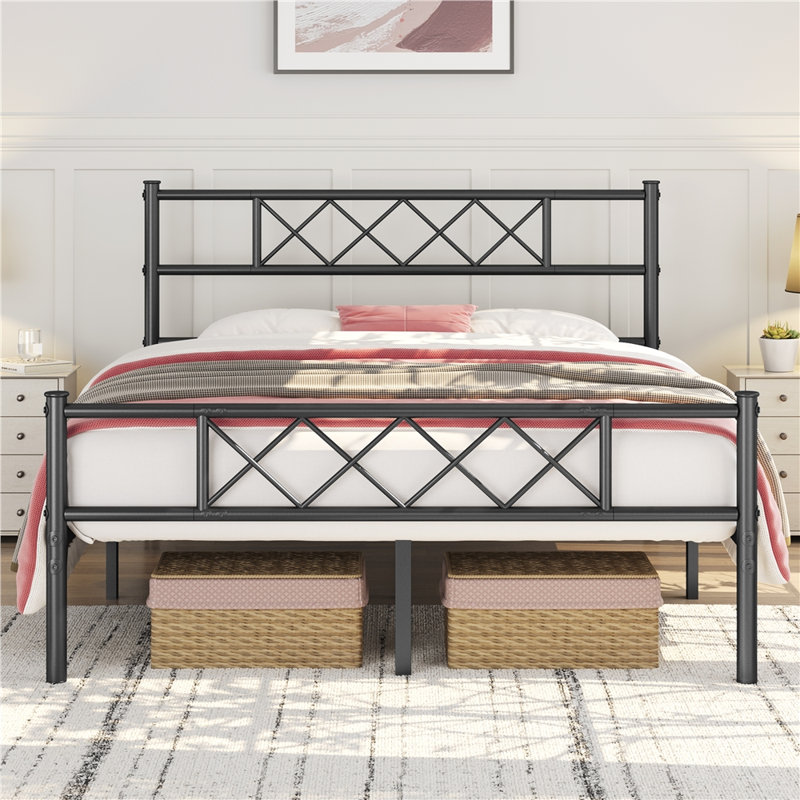Modern Metal Bed Frame with Cross-design Headboard & Footboard, Double (4'6), Black