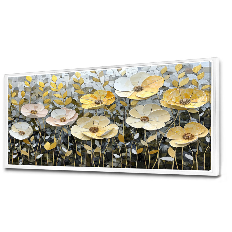 Géométrique, coquelicots gris, mosaïque, champ II - coquelicots, art mural, 34" H x 44" W, Cadre flottant blanc
