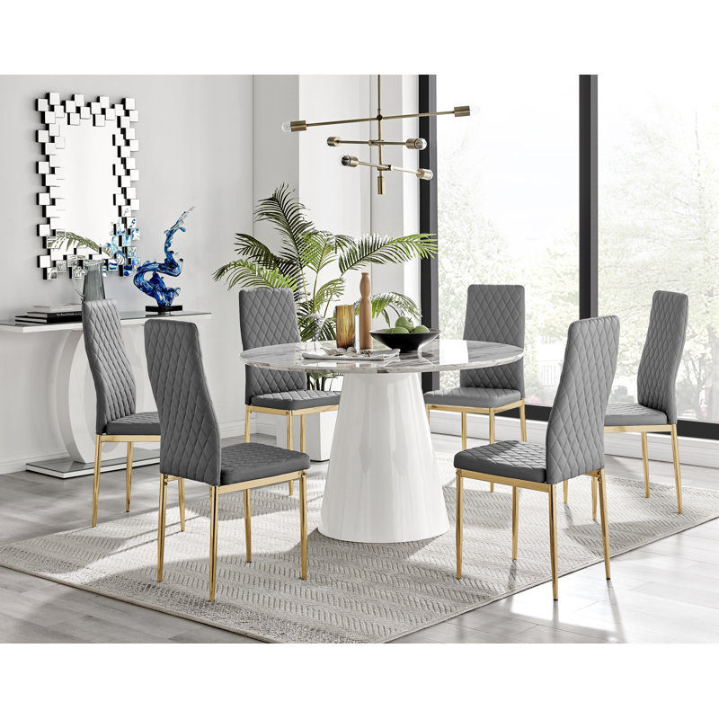 Edward Statement Marble Effect Pedestal Dining Table Set with 6 Faux Leather Upholstered Dining Chairs, Gray/Gold