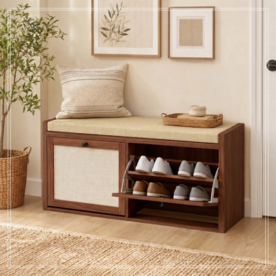 Banc de rangement à chaussures en rotin avec coussin rembourré et 2 placards