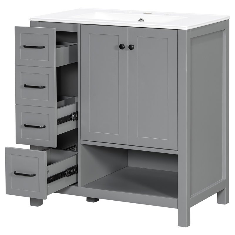Meuble-lavabo de salle de bain avec comptoir, meuble-lavabo avec deux portes et deux tiroirs, bois massif, tablette ouverte, panneaux de fibres à densité moyenne