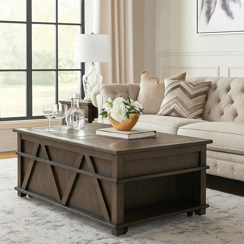 Table basse traditionnelle à plateau relevable rustique avec rangement brun