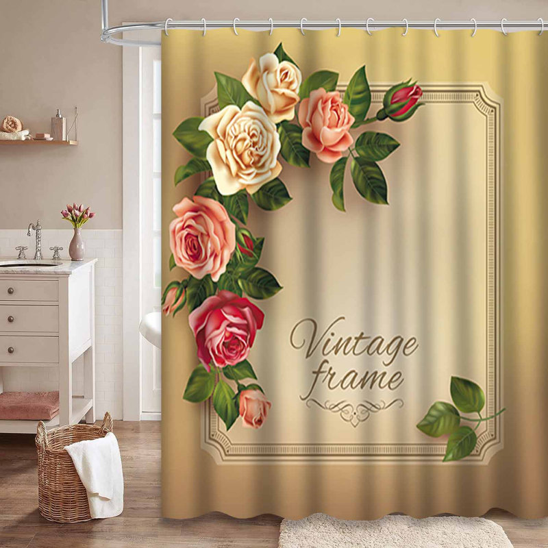 Rideau de douche imperméable à motif floral avec bordure rose et 12 crochets, L 72 po x l 72 po
