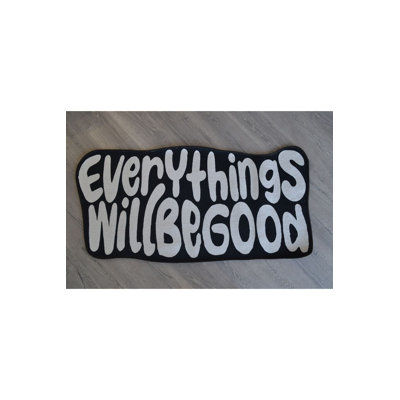 Black White Text Detailed Asymmetric Woven Base Modern Decorative Machine Washable Area Rug