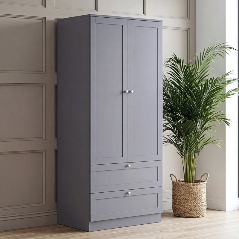 2 Door 2 Drawer Wardrobe with Hanging Rail & Storage Drawers Modern Bedroom Clothes Storage Cabinet, Grey 