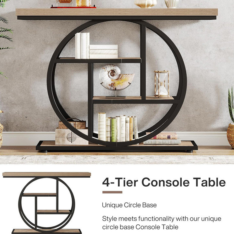 Industrial Brown Wood and Metal 4-Tier Console Table with Circle Base