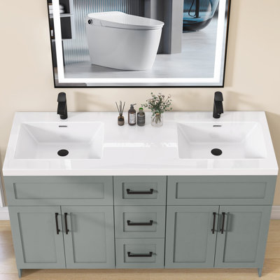 60'' W X 22'' D Solid Surface Vanity Top Drop-in Resin Stone Countertop Double Sinks White Bathroom Top with Pre-drilled Faucet Hole & Overflow