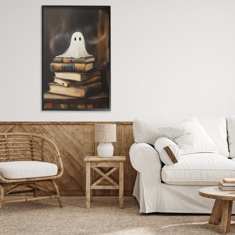 Ghost on Book Stack, estampe numérique, design par Arlington Prints, H 30 po x l 20 po, Giclée encadrée noir minuit