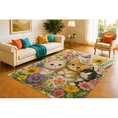 "Ultra Lightweight" 5' x 7' Cute Cats Area Rug for Living Room, Soft Low Pile Indoor Rug with Non-Slip Silicone Backing, Decorative Carpet for Bedroom, Dining Room, Office, Family Room, Brown