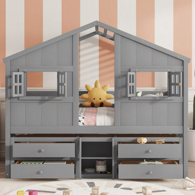 House Loft Bed With Roof, Windows,4 Storage Drawers,Pine Wooden Bed With Safety Guardrails,Ladder