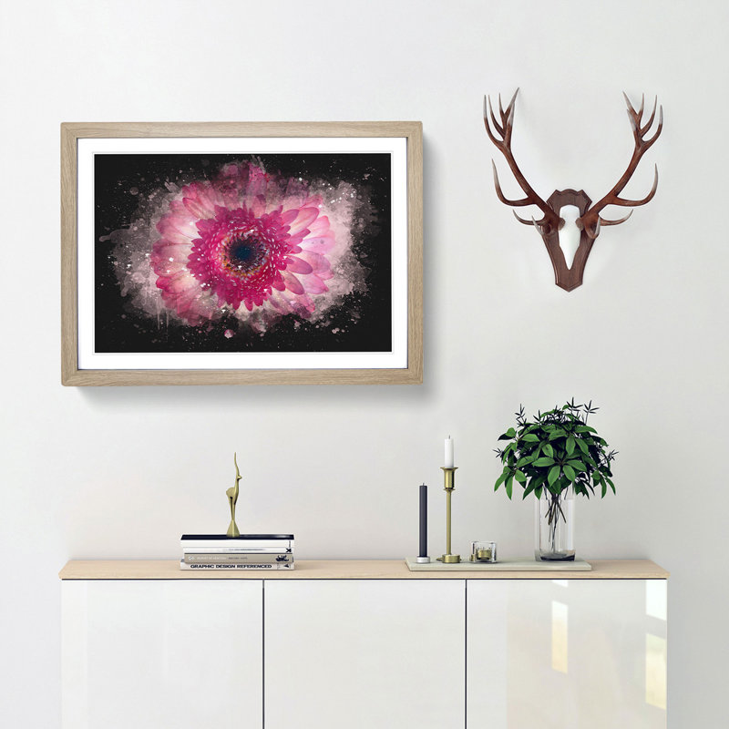 Layers Of A Pink Gerbera Paint Splash - Picture Frame Graphic Art, Oak Framed, 33cm H x 45cm W x 2cm D