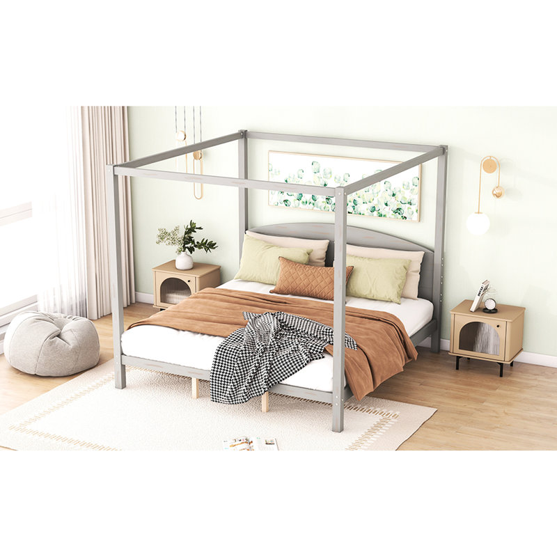 Glorious King Size Canopy Platform Bed With Headboard & Robust Legs, Grey Splendid Wash