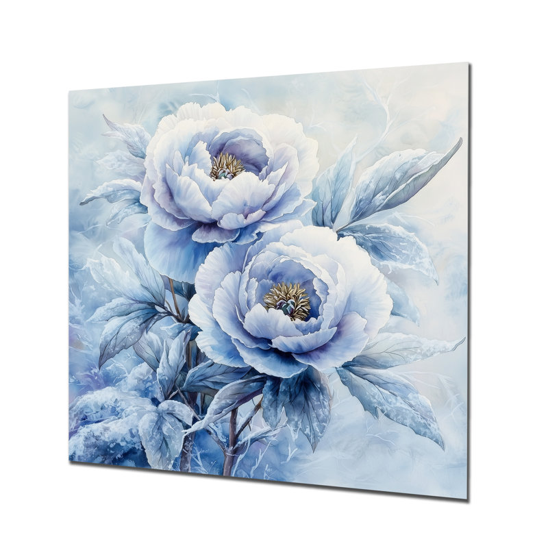 Pivoine bleue glacée dans le givre I - pivoines, art en métal, H 16 po x l 16 po