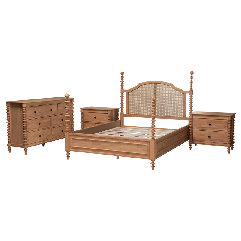 Ensemble de chambre à coucher Dameko 4 pièces avec tables de chevet à 2 tiroirs, format King, brun hêtre, Beech, King