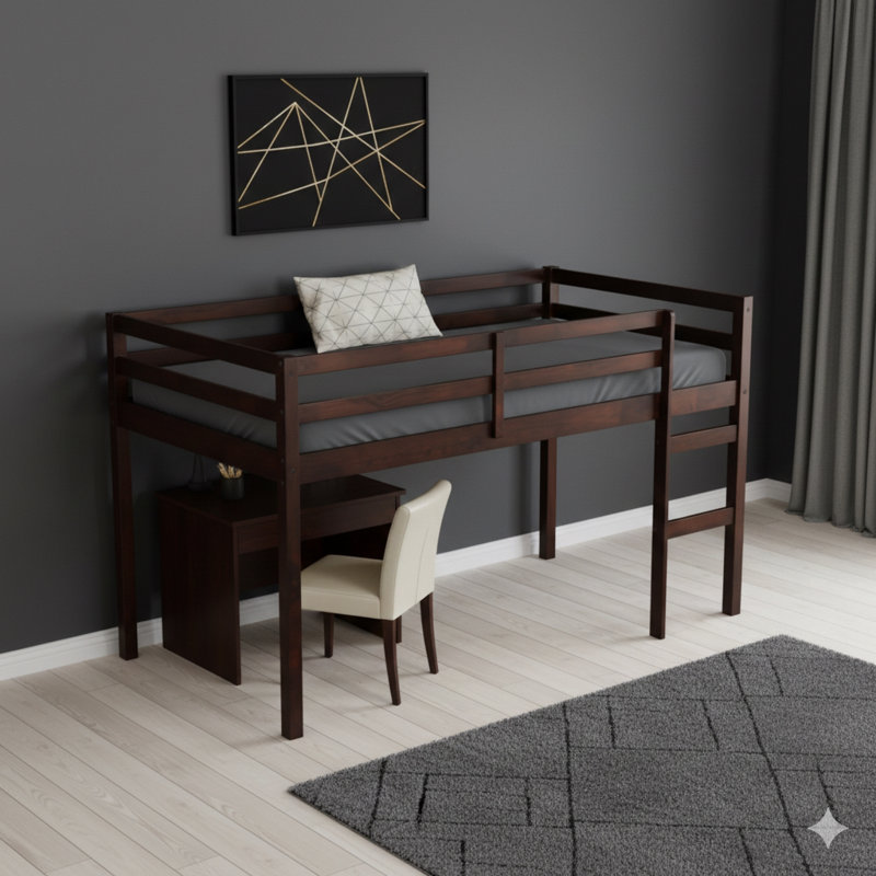 Lit mezzanine simple en bois massif fabriqué en bois d'hévéa, avec échelle, plateforme de couchage avec lattes de soutien renforcées, finition espresso
