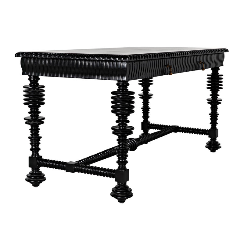 Elegant Portuguese 60'' Hand Rubbed Black Solid Wood Writing Desk with Drawer