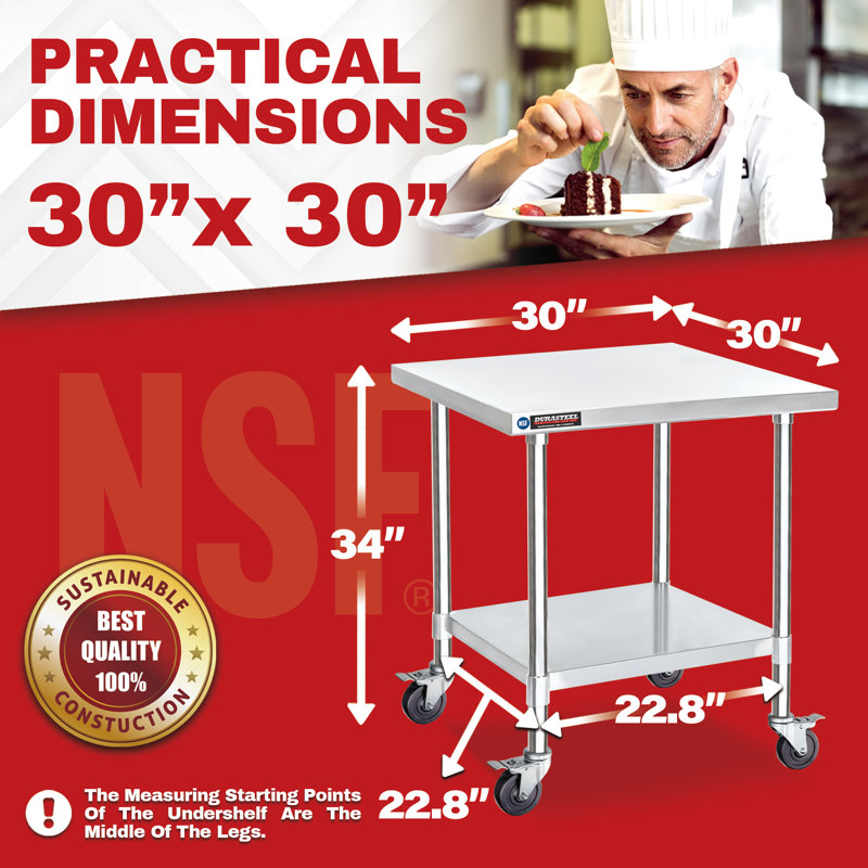 Table de travail en acier inoxydable avec tablette inférieure / Taille: H 34 po x l 30 po x L 30 po