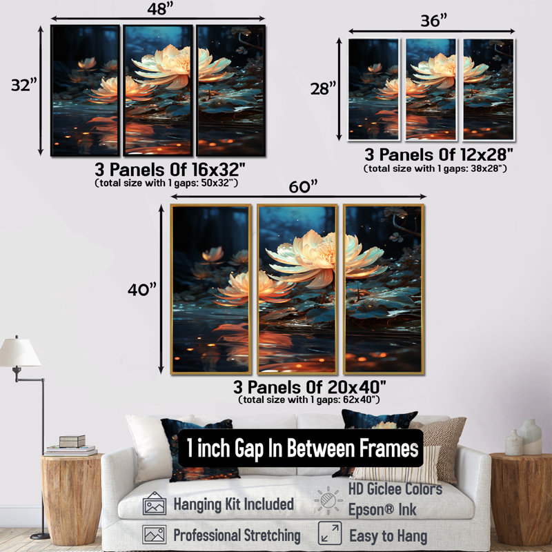 Rowlands - Ensemble de décoration murale Lotus, Cadre flottant noir, H 32 po x l 48 po x P 1 po