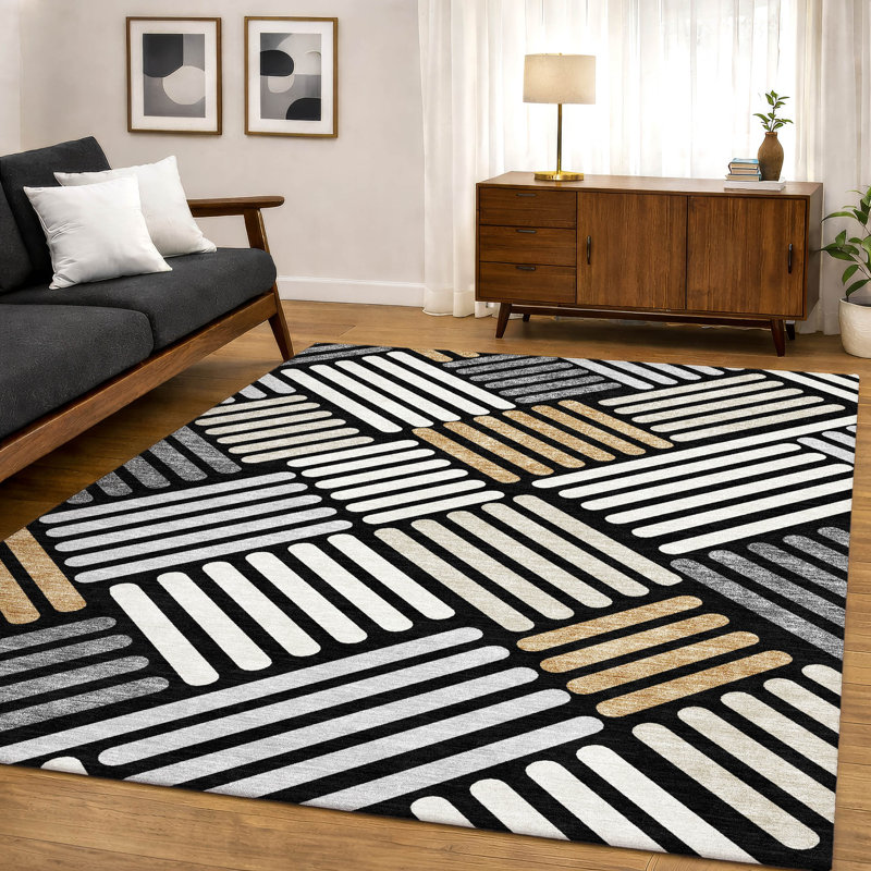 Premium Machine Washable Mayfield AMF2339 Geometric Rug, 9' x 12', Black