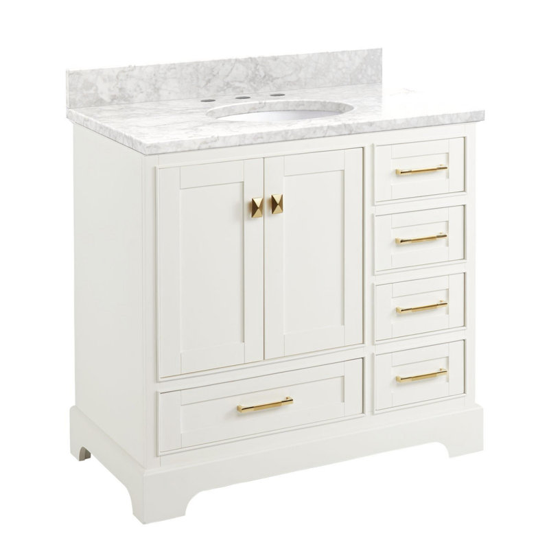 Quen 36" Freestanding Single Basin Vanity Set with Cabinet, Vanity Top, and Oval Undermount Sink, Soft White, Satin Brass