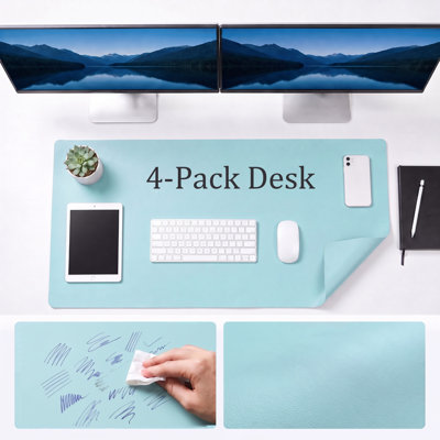 Ensemble de 4 grands sous-mains de bureau double face en cuir, 80 x 40 cm, imperméables, face en silicone et dos en similicuir, antidérapants, pour ordinateur portable, bureau et maison, bleu pâle
