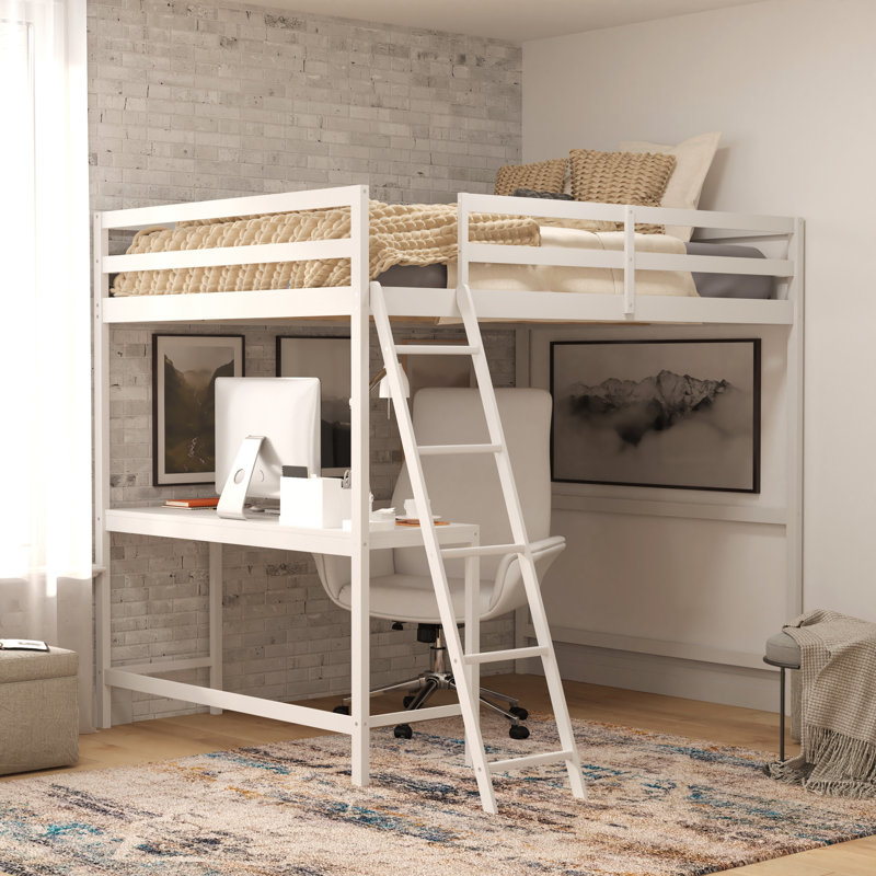 Riley Traditional Wood Slat Loft Bed with Integrated Desk & Ladder, Full, White