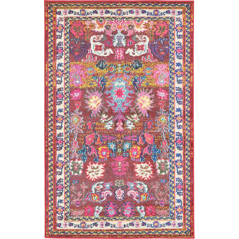 Tapis bourgogne / bleu à motif floral Eddins, Rectangle 3 pi 3 po x 5 pi 3 po
