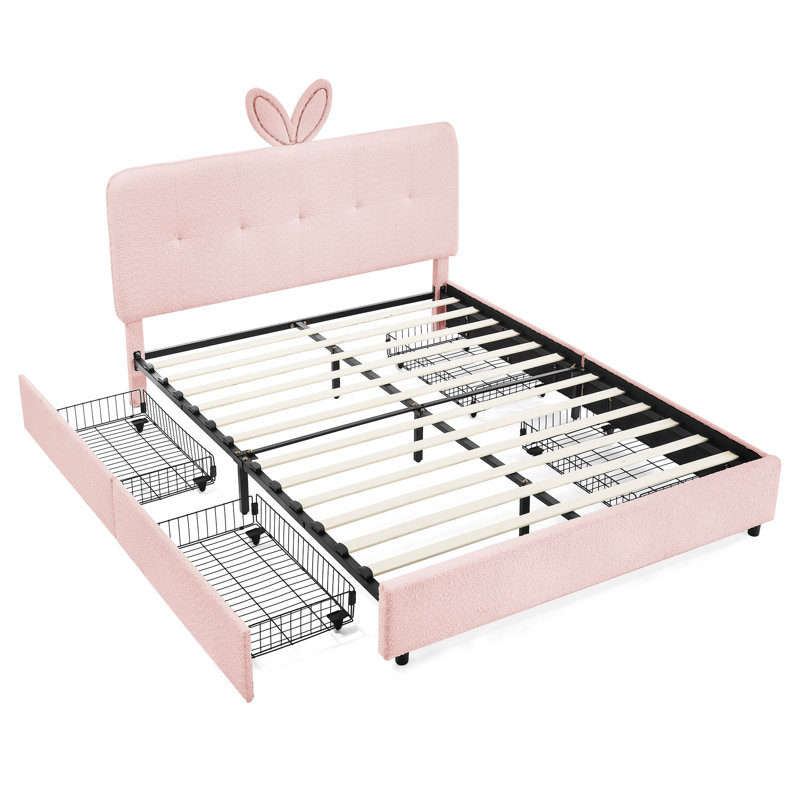 Lit double avec tête de lit pour oreilles de lapin, lumières à DEL et 4 tiroirs dans une boucle douce et respirante pour une chambre mignonne et confortable