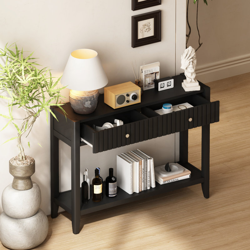 Console étroite en bois avec tiroirs et tablette de rangement, parfaite pour le vestibule, le couloir et le décor de salon en noir