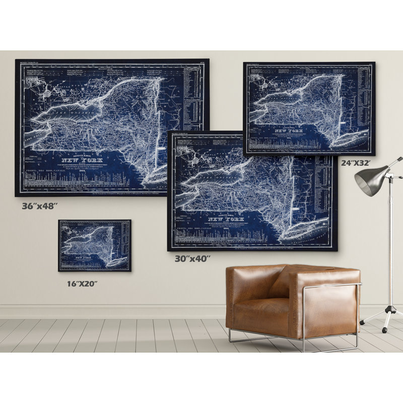 « rétro new york map », reproduction d’impression sur toile tendue en bleu, H 36 po x l 48 po x P 1,5 po