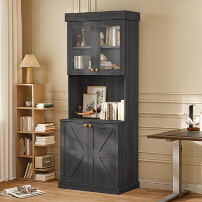 70'' Tall Bookcase Shelf With Glass Storage Cabinets, Large Farmhouse Bookshelves
