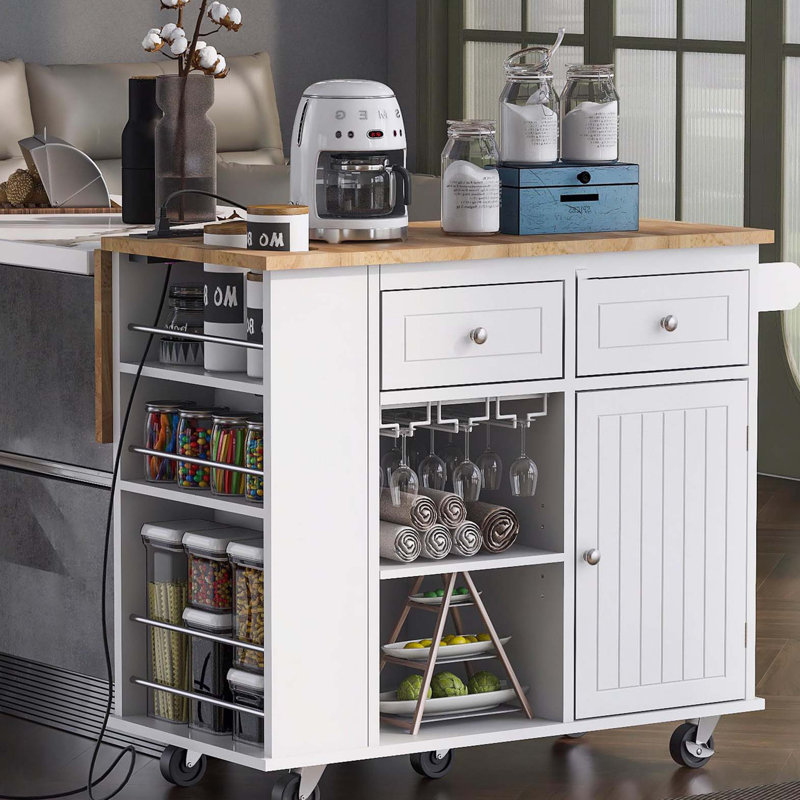 Kitchen Island with Power Outlet,Kitchen Storage Island with Drop Leaf and Rubber Wood,Open Storage and Wine Rack,5 Wheels,with Adjustable Storage for Home, Kitchen, and Dining Room,White