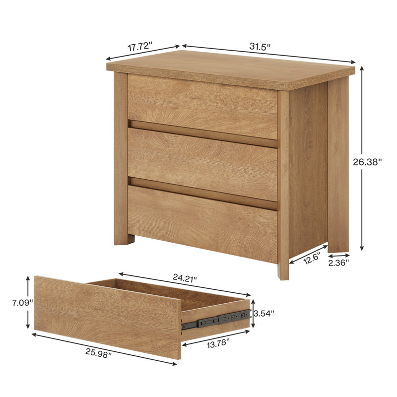 Wood Nightstand with 3 Drawers (Set of 2)