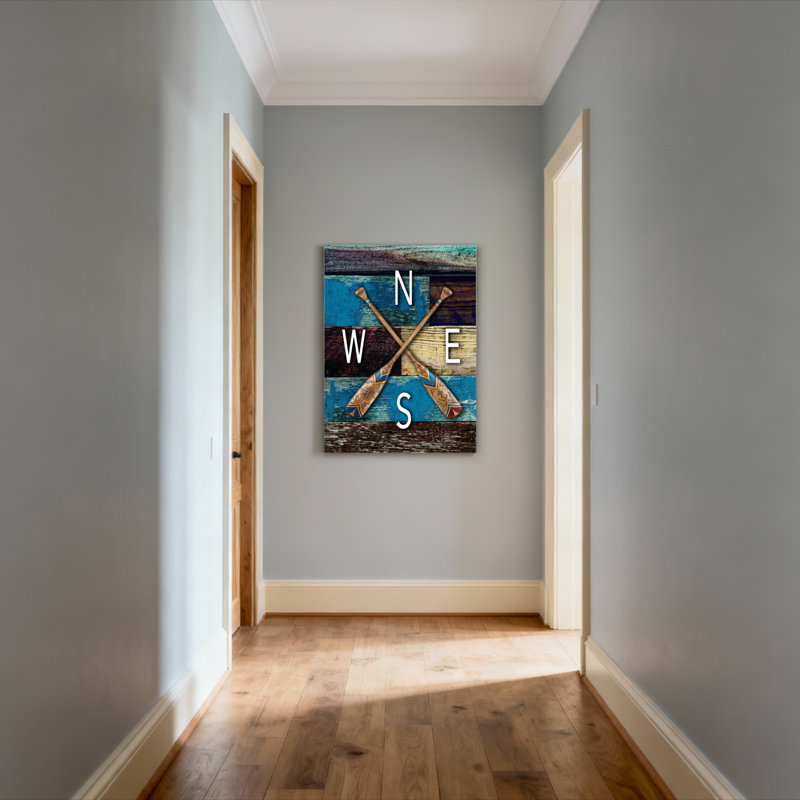 Ensemble de 1 tableau sur toile tendue représentant des rames croisées et les points cardinaux, H 48 po x l 32 po