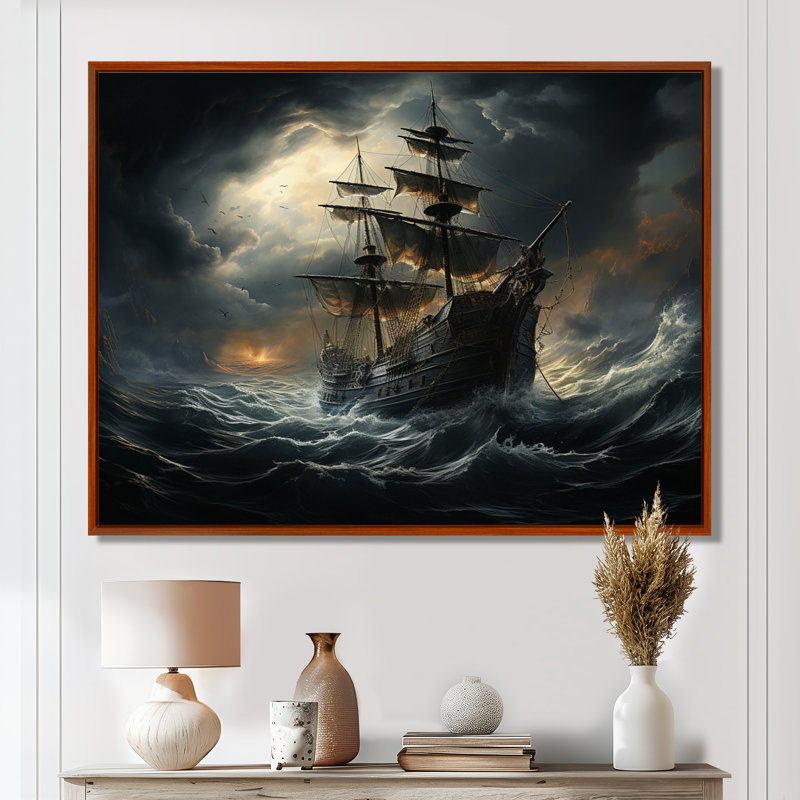 Pirate Ship At Stormy Seas - Art mural encadré pirate, H 24 po x l 32 po x P 1 po, Cadre flottant brun