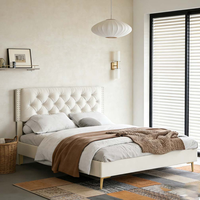 Structure de lit en velours, Beige, Lit double