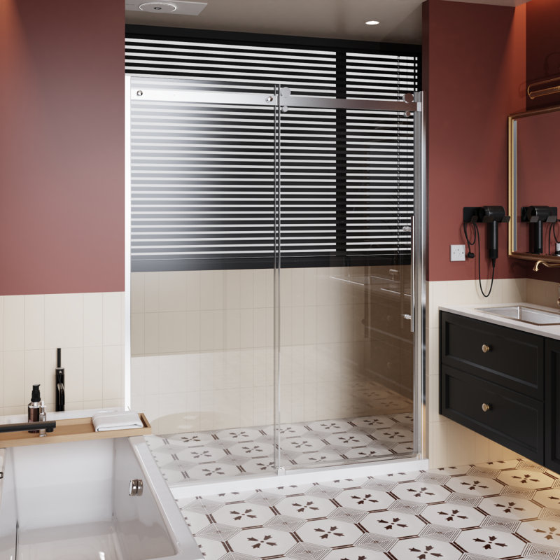 60.In W X 72.In H Frameless Shower Door Single Sliding, 1/4 Inch Thick Clear Tempered Glass Shower Door With Zinc Roller Rail System, Stainless Steel Handle,Chrome