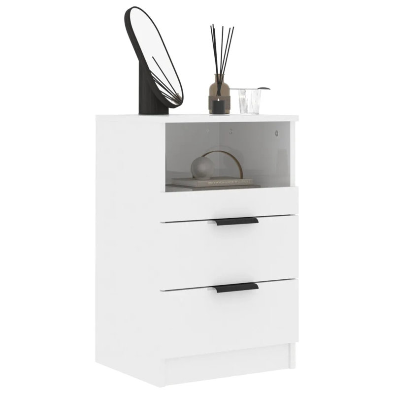40cm W Manufactured Wood Bedside Table, High Gloss White, Set of 2