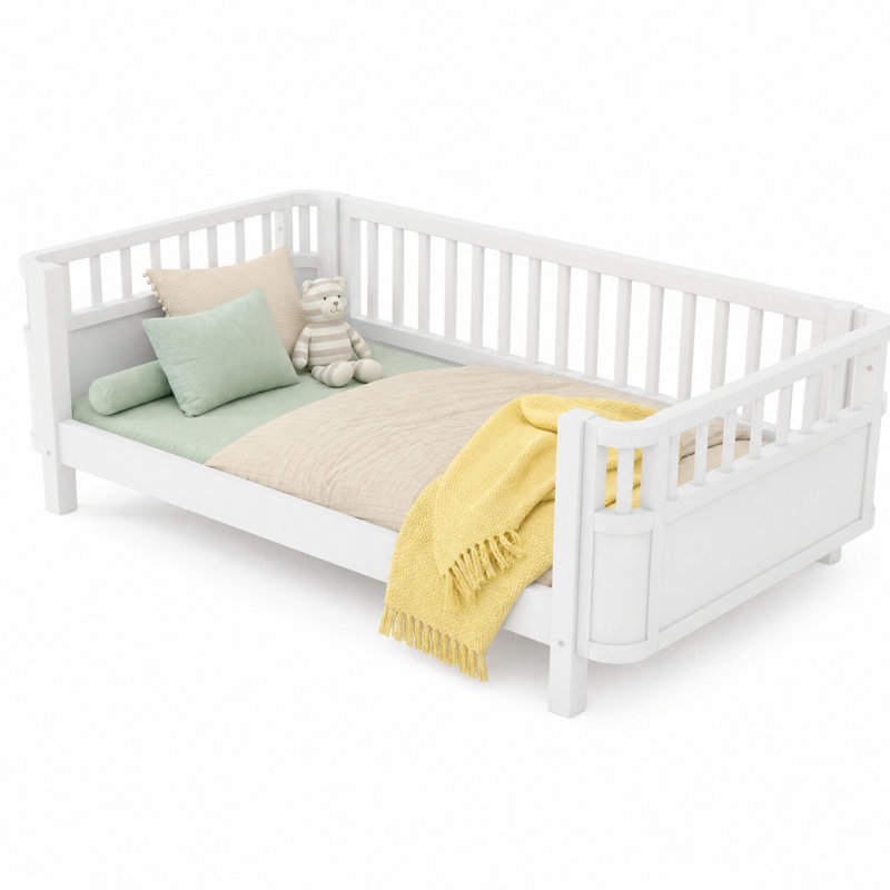 Lit plateforme simple en bois pour enfants avec clôture de sécurité et profil bas, blanc, Twin, White