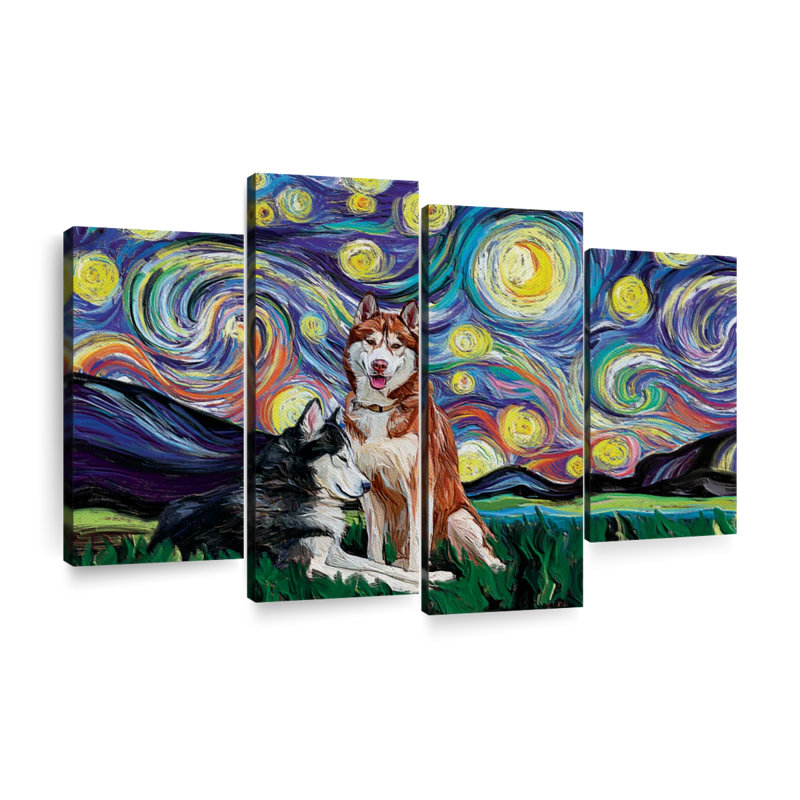 Huskies Starry Night, ensemble de 4 reproductions sur toile 4 pièces, H 22 po x l 36 po x P 1 po