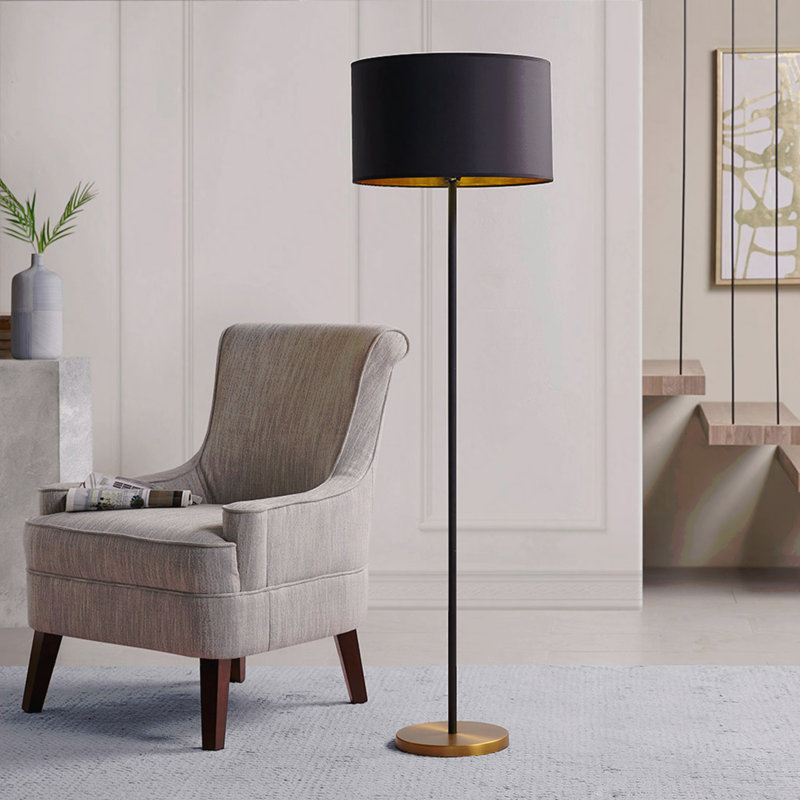 Lampe sur pied moderne en métal noir, lampe sur pied avec abat-jour tambour noir intérieur doré pour salon chambre à coucher