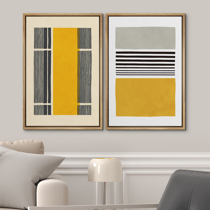 Jaune, noir, Mid-Century, blocs de couleur géométriques abstraits, art moderne bohème, calme, 2 pièces, Naturel