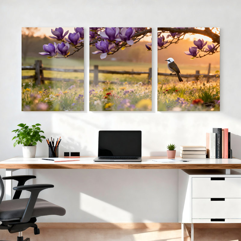 Ensemble de 3 tableaux sur toile tendue représentant des fleurs et des oiseaux printaniers, H 18 po x l 36 po
