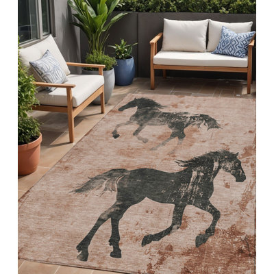 5' X 8' Rust And Charcoal Horse Washable Indoor Outdoor Area Rug