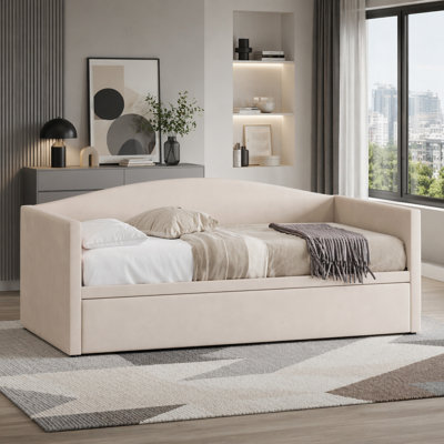 Twin Size Upholstered Daybed with Pop-Up Trundle, Extendable Twin to King Sofa Bed, Velvet Upholstery, No Box Spring Needed