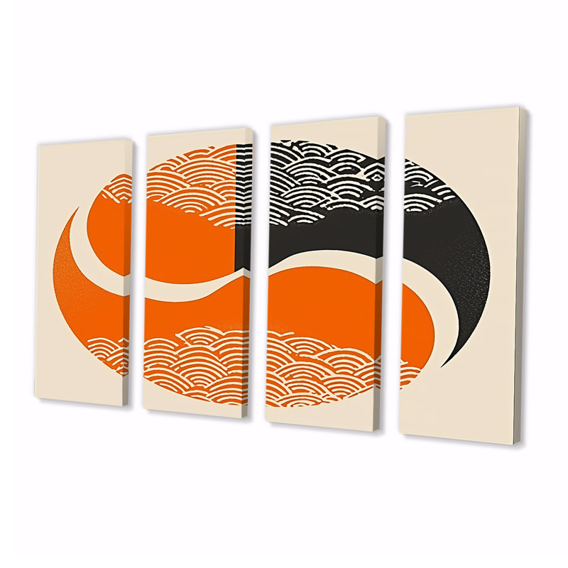 «Retro Orange Circle Waves Yin Yang», art mural géométrique sur toile, 4 pièces, H 28 po x l 48 po