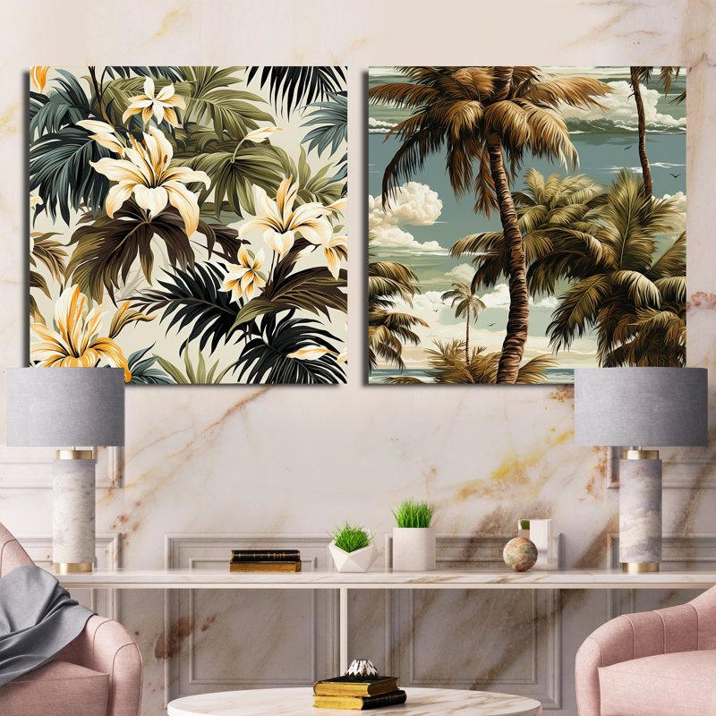 Coconut Grove - motif tropical - ensemble de 2 collages carrés tropicaux, H 16 po x l 33 po, Toile tendue