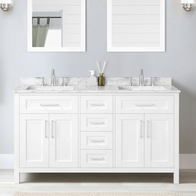 Tahoe 60 in. Pure White Double Sink Bathroom Vanity, Engineered Stone Top with Backsplash, Brushed Nickel Hardware