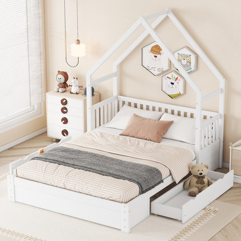  Grand lit plateforme avec garde-corps et deux compartiments spacieux sous le lit, blanc, Blanc